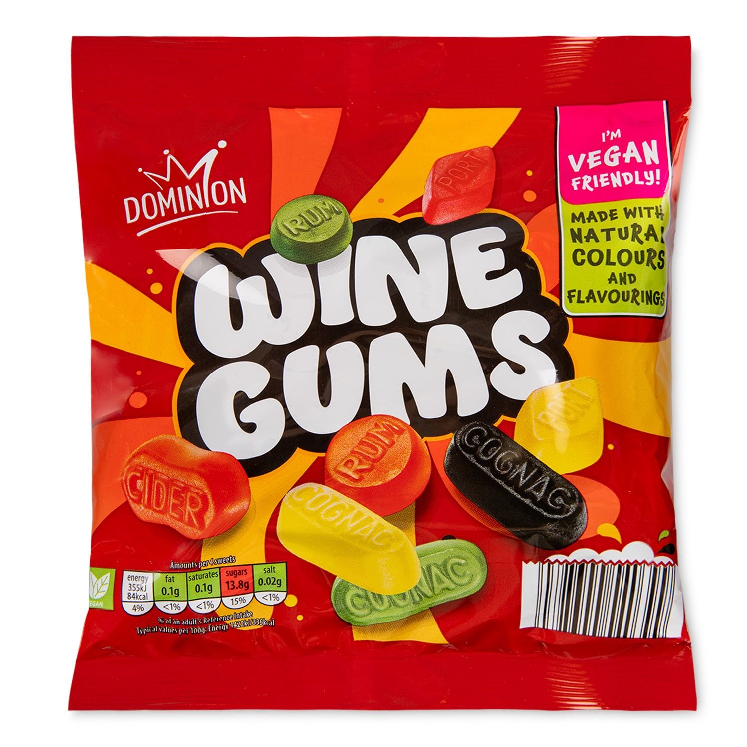 Dominion Vegan Wine Gums 230g are suitable for vegans