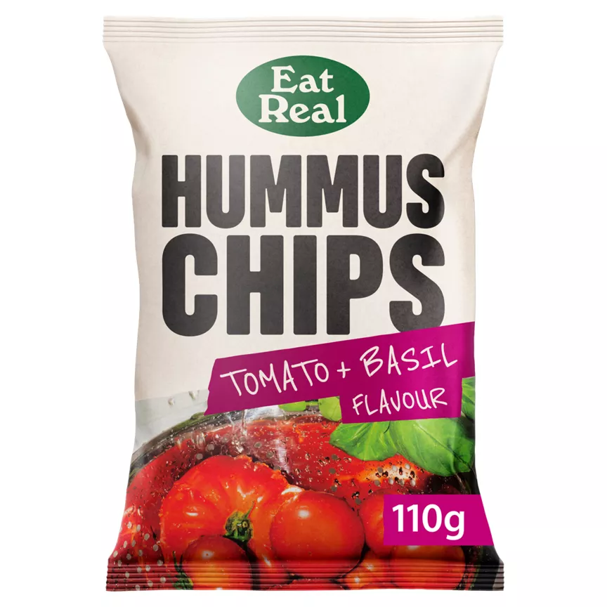 Eat Real Hummus Chips Tomato + Basil Flavour are vegan-friendly and vegetarian