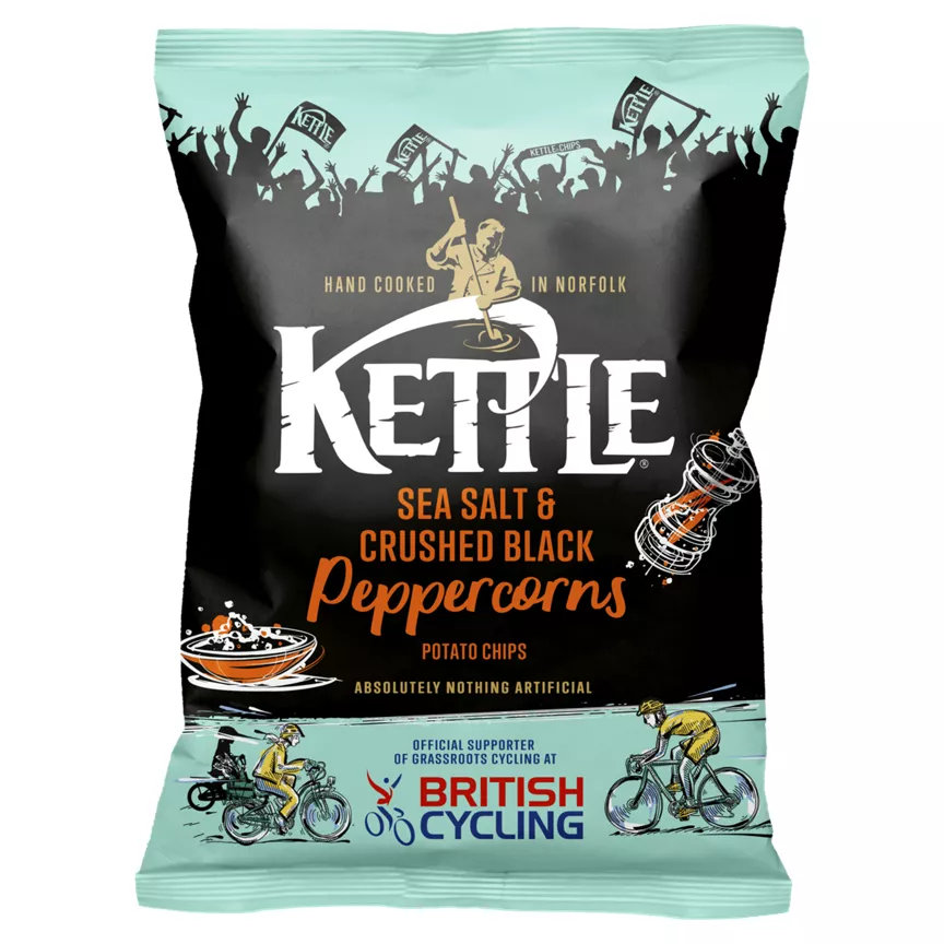 Kettle Chips Sea Salt and Crushed Black Peppercorns Crisps suit vegans and vegetarians